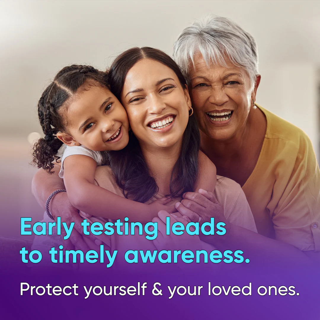 Three generations of women smiling with a health awareness message about early testing.