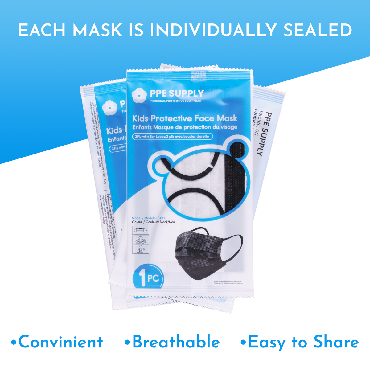Masque facial jetable noir scellé individuellement pour enfants